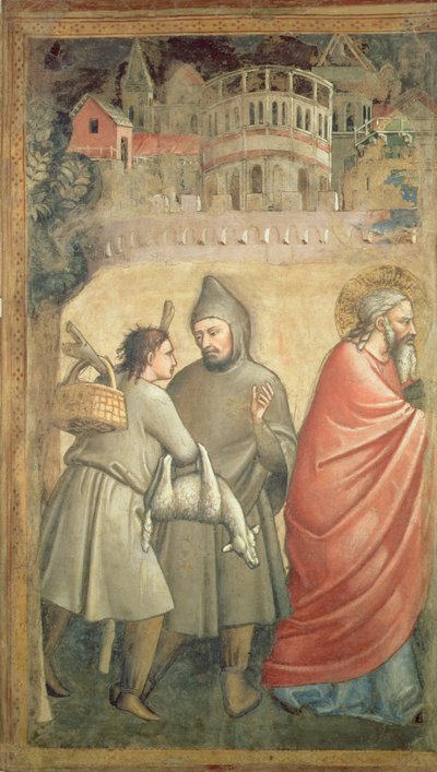 El encuentro en la Puerta Dorada, detalle que muestra a dos hombres conversando y la figura de Joaquín de Maso di Banco
